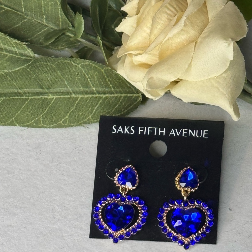 Elegant Saks Fifth Ave Blue Heart Crystal Post With Drop Crystal Heart Earrings